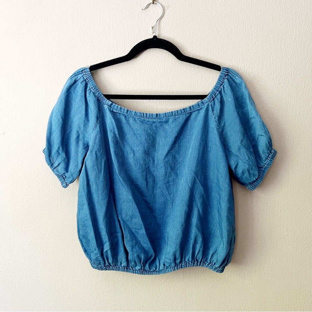 Madewell indigo blue chambray off-the-shoulder bubble top